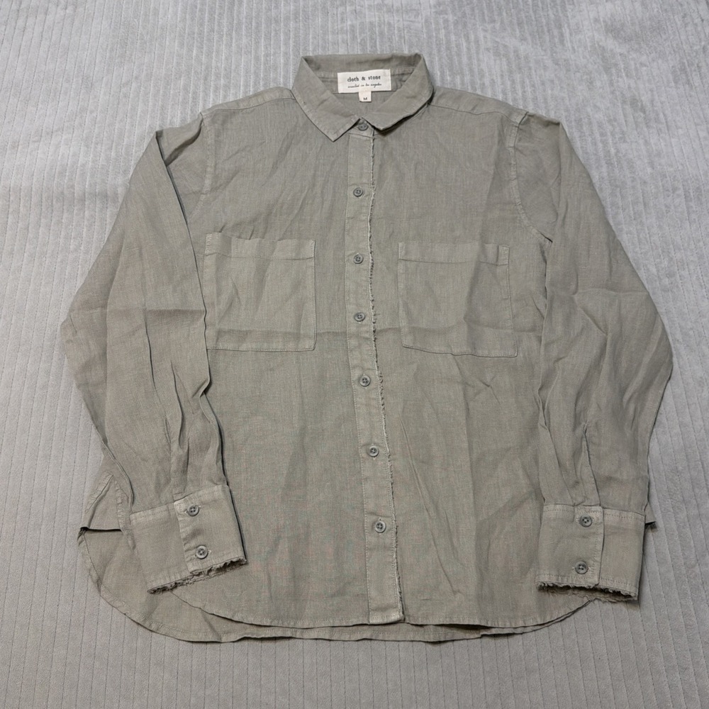 Cloth & Stone Women's 100% Linen Shirt Gray Long Sleeve Button Up Top Size M